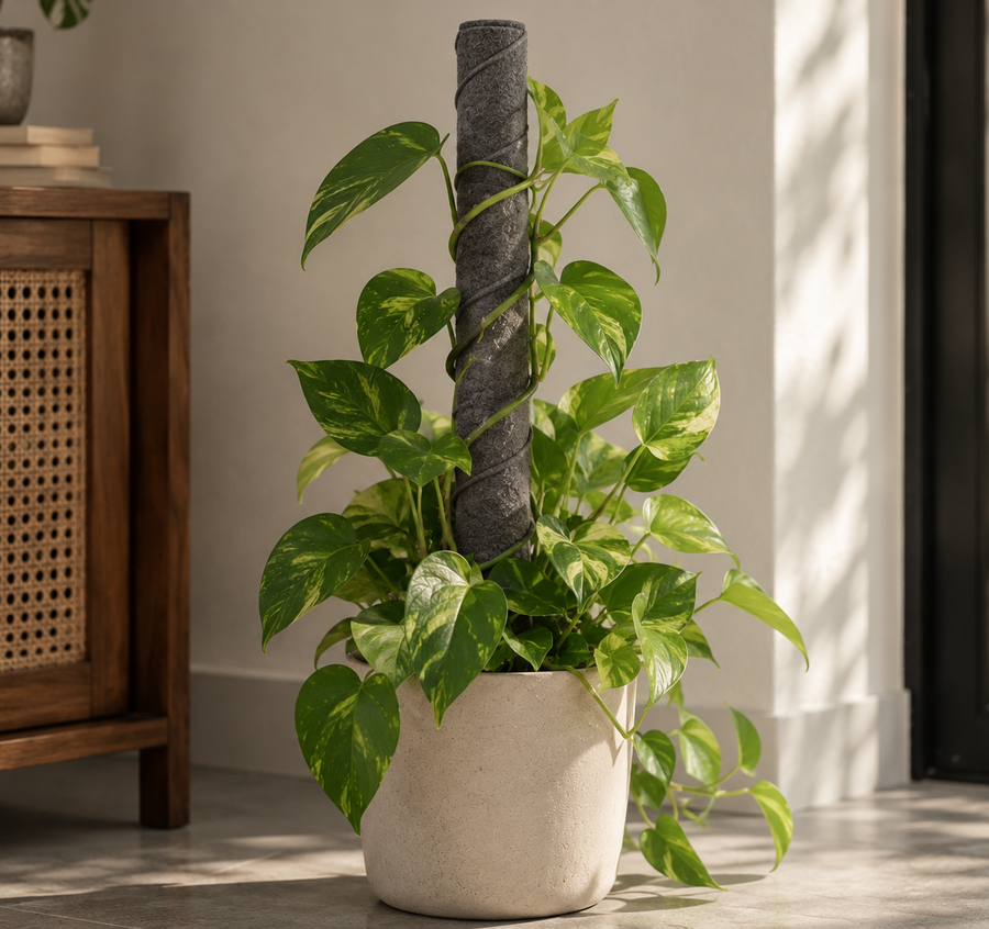 A potted green plant with variegated leaves growing around a dark gray spiral support fab stick in a light beige pot, placed indoors near a window with natural light.