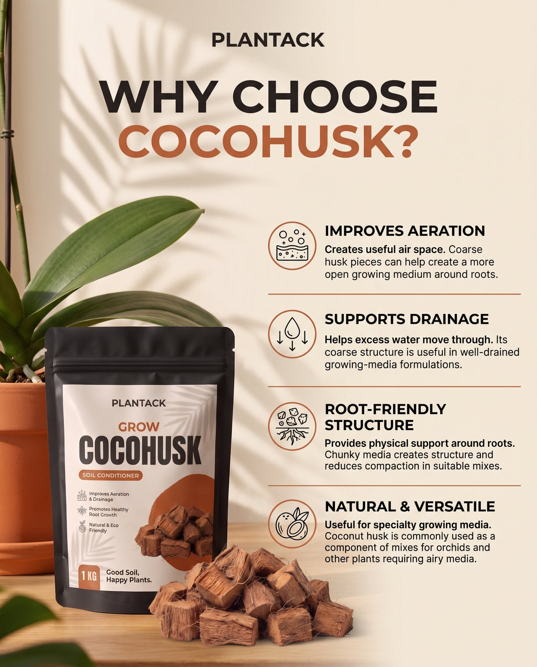 Plantack Grow Coco Husk Chips | Coco Husk for Orchids, Aroids & Potting Mix