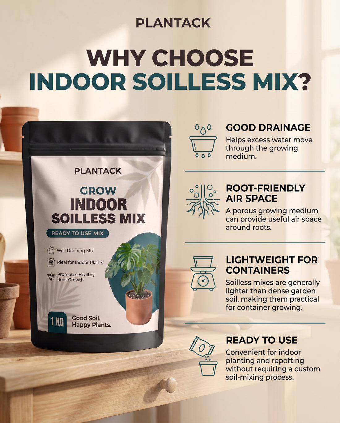 Plantack Grow Indoor Soilless Mix – Ready-to-Use Potting Mix for Indoor Plants