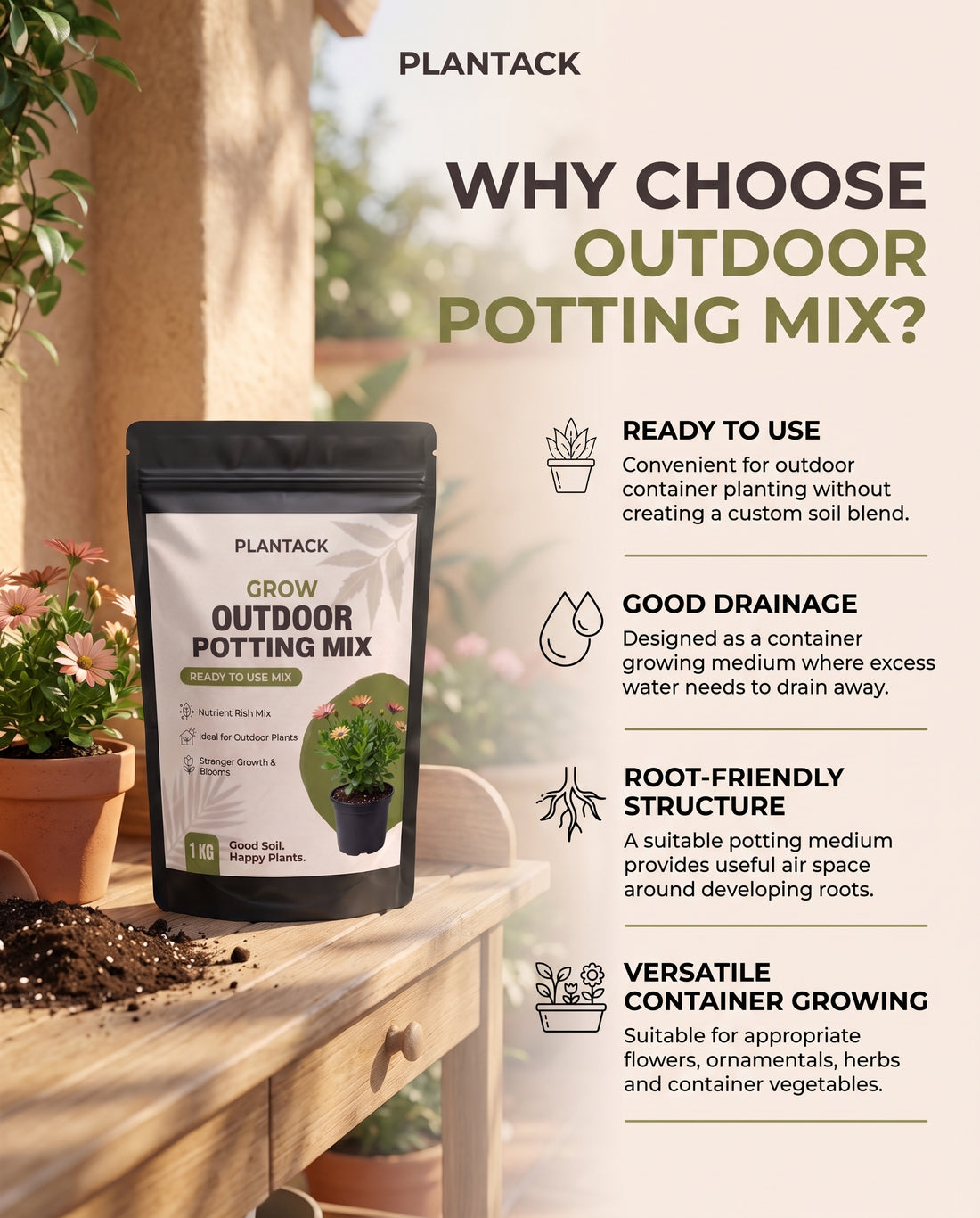 Plantack Grow Outdoor Soilless Mix – Ready-to-Use Potting Mix for Outdoor Plants