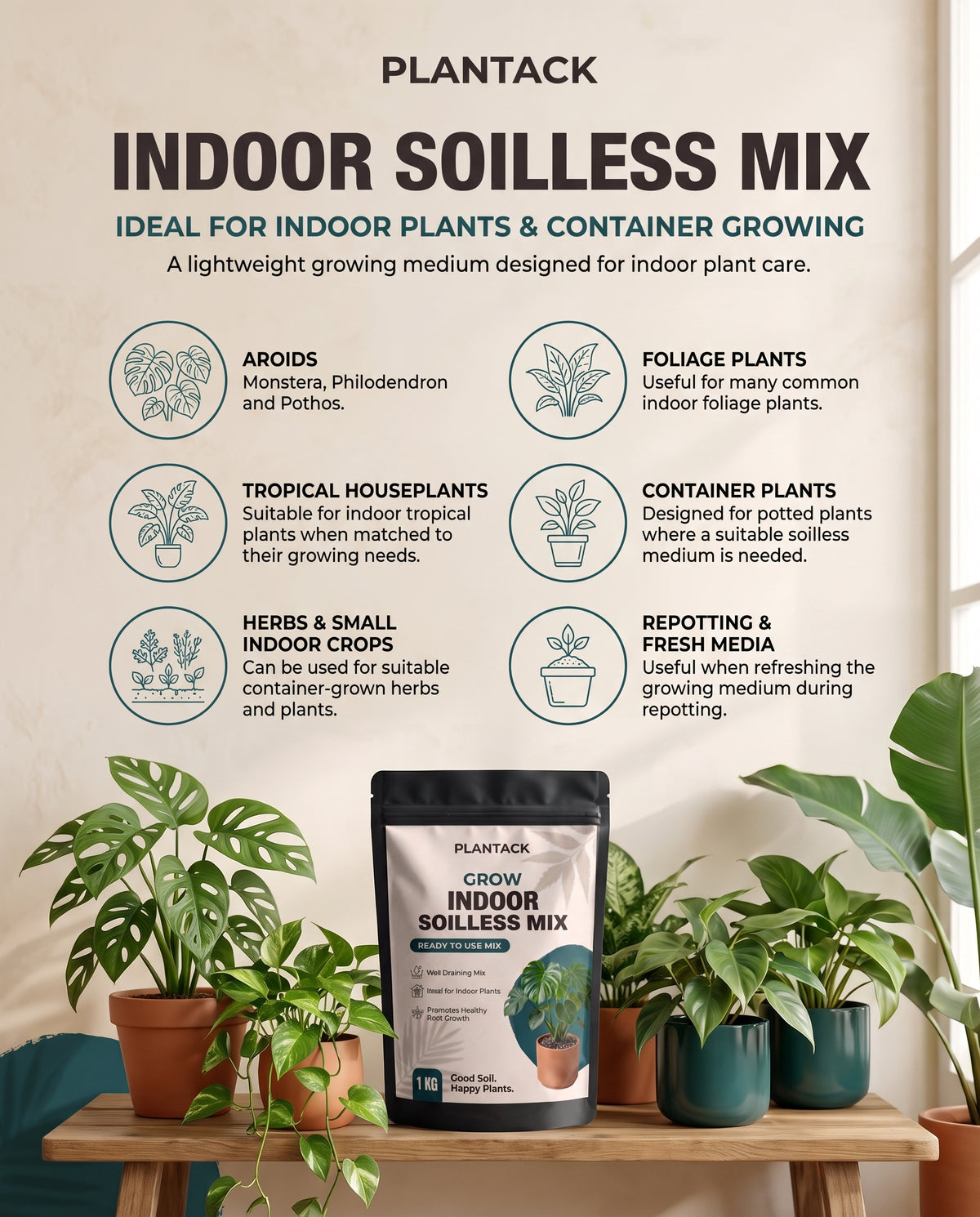 Plantack Grow Indoor Soilless Mix – Ready-to-Use Potting Mix for Indoor Plants