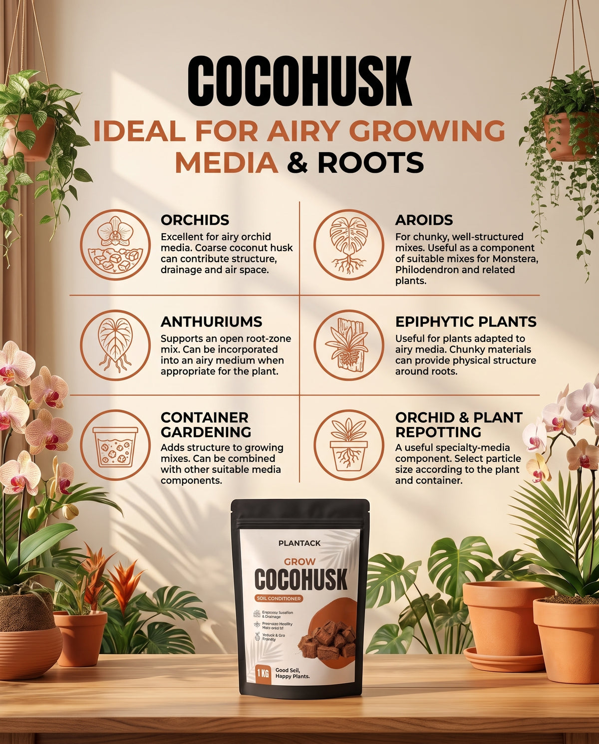 Plantack Grow Coco Husk Chips | Coco Husk for Orchids, Aroids & Potting Mix
