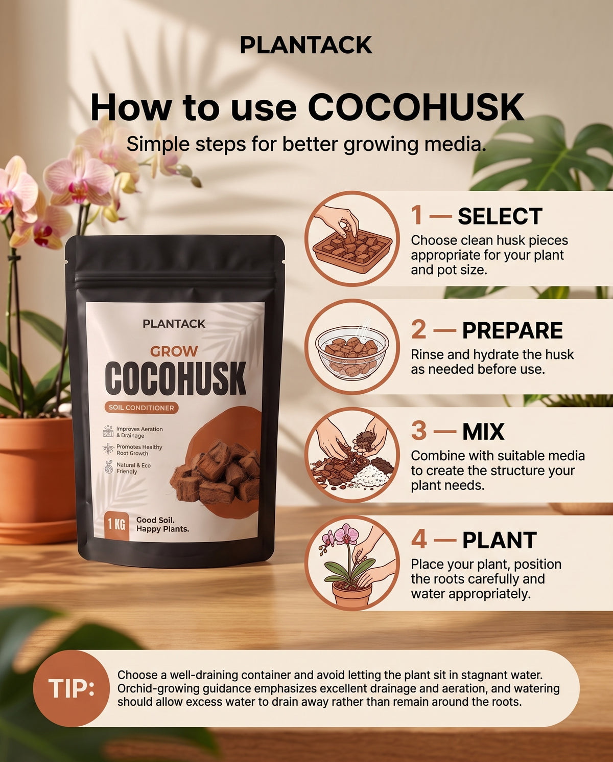 Plantack Grow Coco Husk Chips | Coco Husk for Orchids, Aroids & Potting Mix